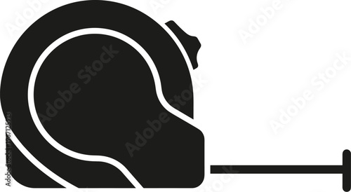 Minimal vector silhouette, tape measure tool, compact housing side view, solid black, isolated on white background.