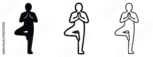 Yoga tree pose icon set, balance and mindfulness symbol with hands in prayer