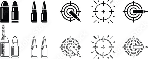 Bullet ammunition target crosshair icon set collection group in black flat and line style vector illustration, shooting aim reticle cartridge symbol pack minimal outline design bundle
