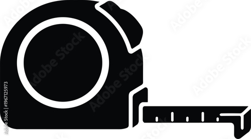 Minimal vector silhouette, tape measure tool, compact housing side view, solid black, isolated on white background.