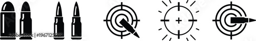Bullet ammunition target crosshair icon set collection group in black flat and line style vector illustration, shooting aim reticle cartridge symbol pack minimal outline design bundle