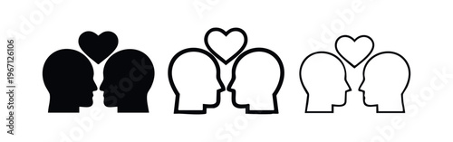 Couple in love vector icon set. Two head profiles with heart symbol.