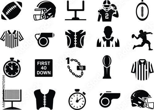 American football game icons set silhouette. ball, helmet, goalpost, jersey vector illustration