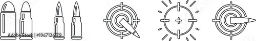 Bullet ammunition target crosshair icon set collection group in black flat and line style vector illustration, shooting aim reticle cartridge symbol pack minimal outline design bundle