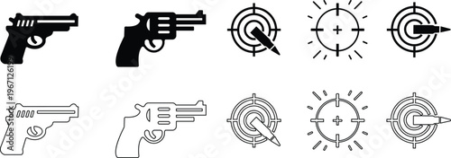 Gun pistol revolver bullet target icon set collection group in black flat and line style vector illustration, shooting aim crosshair ammunition symbol pack, weapon firearm design bundle