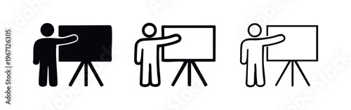 Person presenting on a flip chart or whiteboard icon set. Presentation, teaching, and business meeting concept.