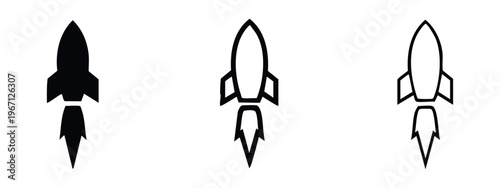 Rocket taking off icon set. Startup, innovation, and rapid growth concept.