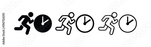 Running person with clock icon set. Time management, urgency, and deadline concept.
