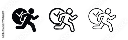 Person running with a heavy clock icon set. Time burden, deadline pressure, and responsibility concept.