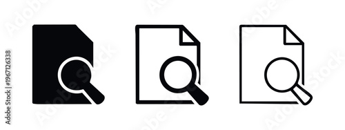 File search icon set. Document analysis, information finding, and examination concept.