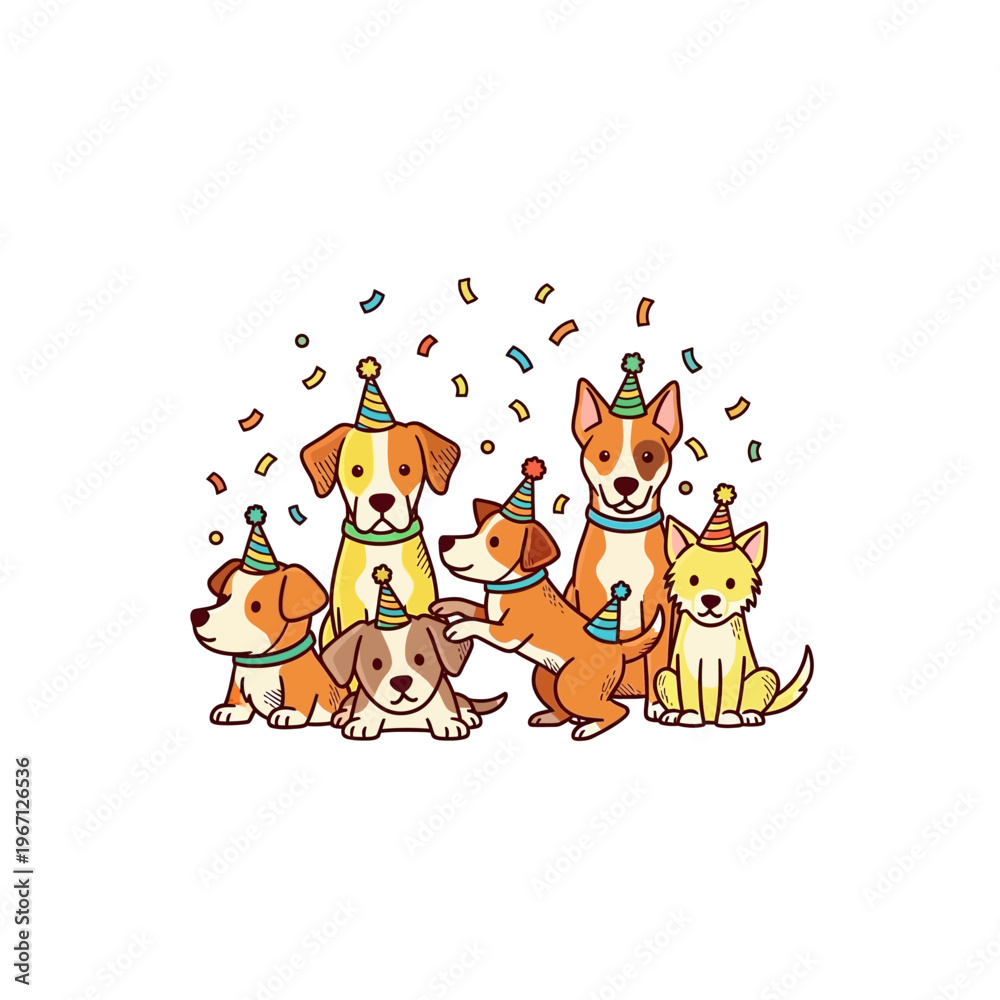 Naklejka premium A group of adorable puppies wearing party hats and celebrating with confetti.