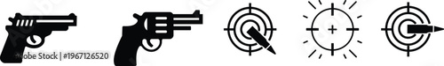 Gun pistol revolver bullet target icon set collection group in black flat and line style vector illustration, shooting aim crosshair ammunition symbol pack, weapon firearm design bundle