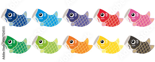 跳ねるかわいい鯉のぼり10色セットのイラスト