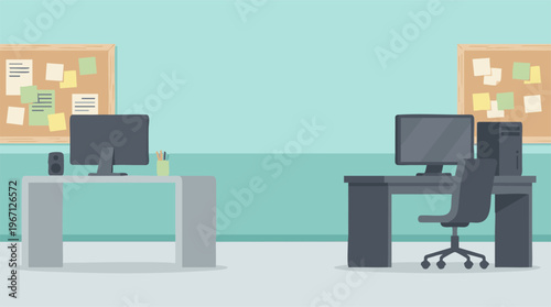 Modern office interior with two minimalist workstations and computers