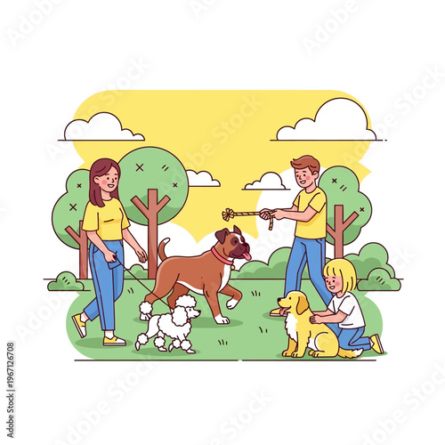 A sunny day in the park with people walking and playing with their dogs.