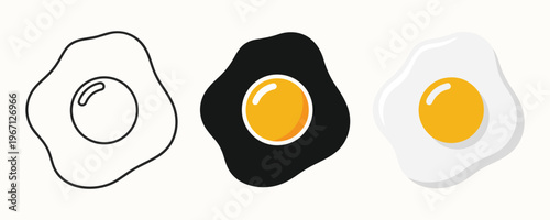 Fried egg vector icon set, outline silhouette and flat color sunny side up breakfast food