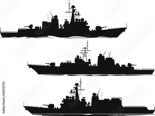 Warship naval vessel silhouette vector illustration military ships fleet ocean defense navy transport battleship isolated black maritime design
