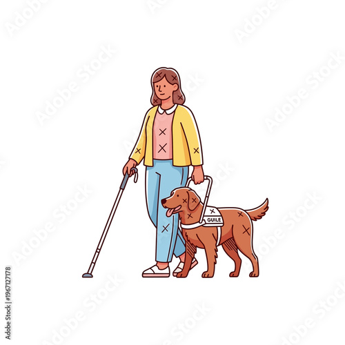 A visually impaired woman walking with her guide dog and white cane, illustrating independence and support.