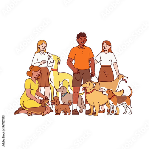 A diverse group of four people, including men and women, happily interacting with and surrounded by various dog breeds like a greyhound, golden retriever, dachshund, and beagle.