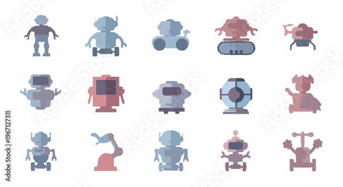 Flat robot toy icon collection with various humanoid wheeled and mechanical robot models vector set