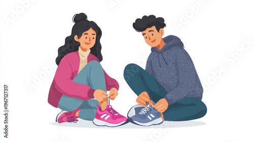 Wallpaper Mural Two individuals, depicted in a cartoon style, tying their shoelaces while squatting down Torontodigital.ca