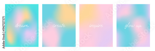 A collection of four vertical aesthetic posters featuring soft pastel blurred gradients in turquoise, pink, and orange with minimalist white text.