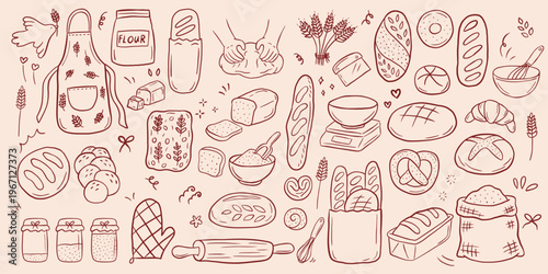 Hand drawn bakery doodles bread, croissants, flour sacks, apron, rolling pin, and sourdough jars in a rustic line art style.