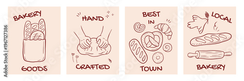Vertical cards featuring line art doodles of baguette, croissant, pretzel, and hands kneading dough for a local bakery shop.