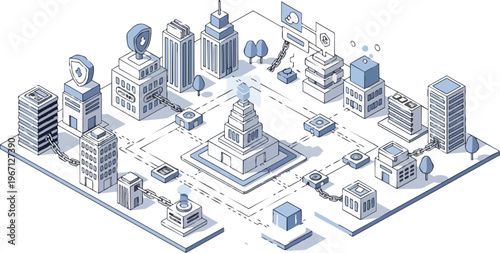 Isometric Blockchain Smart City Illustration - Cybersecurity and Digital Networking Infrastructure Concept