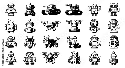 Black robot toy icon set with different humanoid wheeled and futuristic robot designs vector illustration