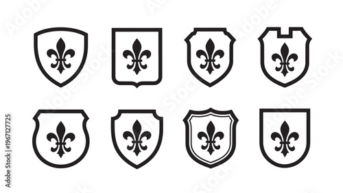 Shield emblems featuring a fleur-de-lis symbol in various medieval and heraldic designs, perfect for royalty or historical themes.