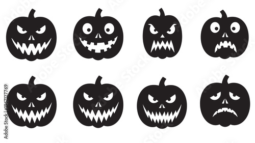 Pumpkins carved with spooky faces and classic jack-o'-lantern designs for Halloween celebrations, presented in a simple black silhouette.