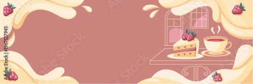 Elegant Dessert Banner with Cake Slice and Cream Swirl, Minimal Pastel Background with Copy Space for Bakery Branding