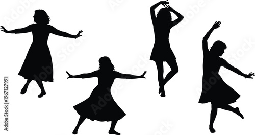Black silhouettes set of diverse women dancing, moving gracefully, celebrating, and expressing joy in various active poses isolated on white