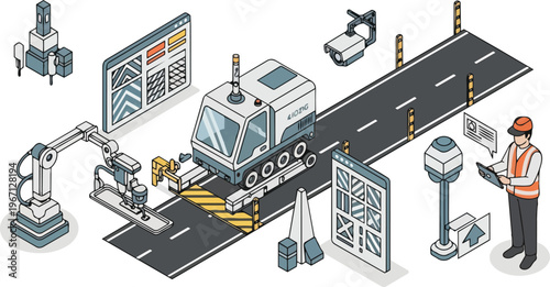 Isometric Smart Road Construction with Autonomous Paving Vehicle, Robotic Engineering, and Digital Infrastructure Monitoring