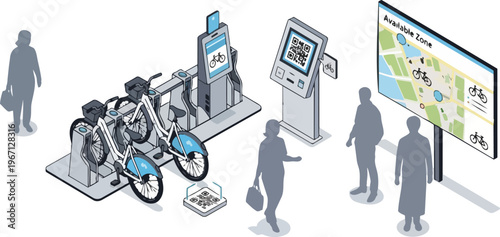 Isometric Illustration of an Automated Smart City Bicycle Sharing Station with Digital Kiosk, QR Code Payment, and Interactive Route Map for Sustainable Urban Mobility