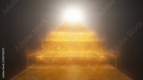 Golden stairs lead to a bright light in a dark room with steps