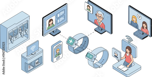 Isometric Illustration of Telehealth Network and Remote Healthcare Monitoring System for Elderly Care and Digital Patient Consultations