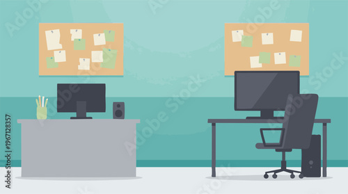 Modern office workspace illustration with two desks, computers, and cork boards