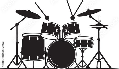 Black and white drum set with cymbals and stands drums