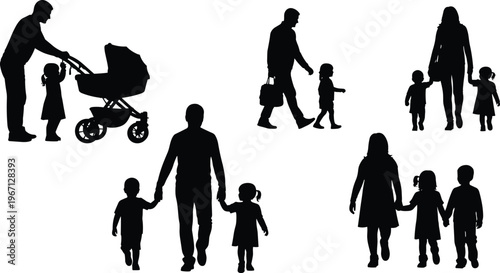 Black silhouettes set of parents walking with children, pushing a baby stroller, holding hands, and family group activities, isolated background