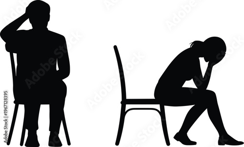 Black silhouettes set of man and woman sitting in chairs feeling stressed, depressed, having headache, and mental health problems, isolated