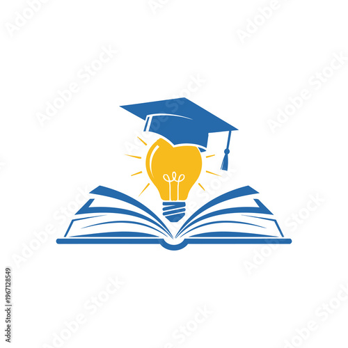 Graduation cap and light bulb on open book representing education and ideas.