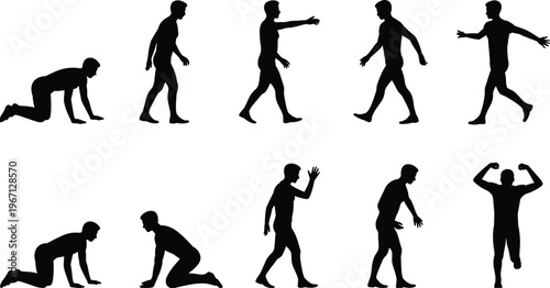 Human, evolution, stages, silhouette, sequence, walking, progression, caveman, modern, man, development, motion, transformation, history, anthropology, growth, timeline, figure, posture, change