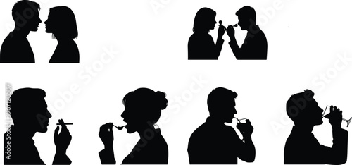 Black silhouettes set of people eating with spoons, drinking from glasses, smoking, and couples interacting isolated on white background, lifestyle
