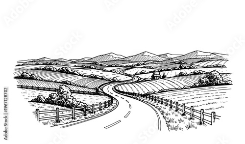 Rural winding road landscape sketch vector in black and white with hills trees and countryside scenery illustration