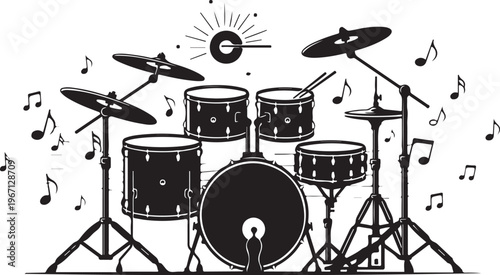 Black and white drum set with music notes and sunburst