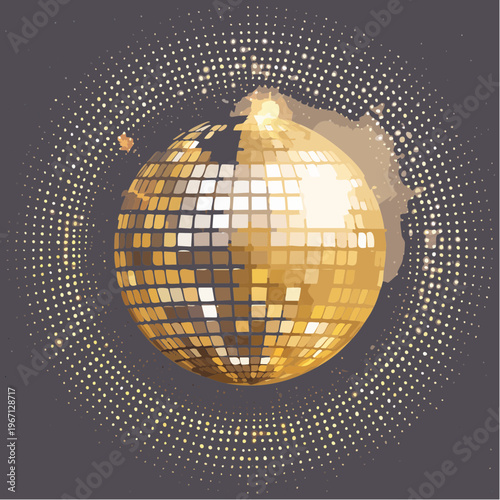 Schwarzer Hintergrund mit goldener Disco-Kugel und radialem Punktmuster – Luxus Party-Design