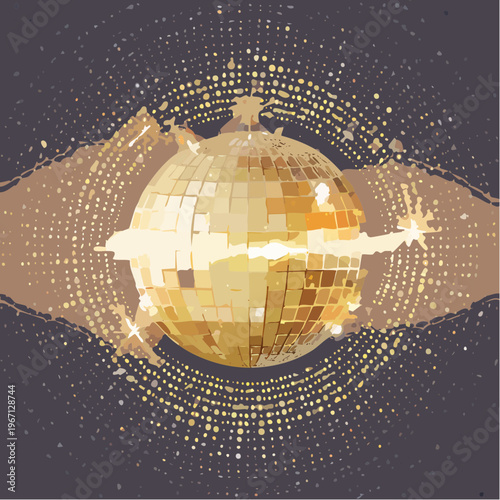 Schwarzer Hintergrund mit goldener Disco-Kugel und radialem Punktmuster – Luxus Party-Design