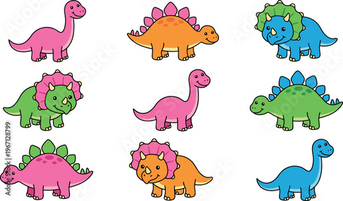 Cute Cartoon Dinosaur Set Colorful Baby Dino Characters Collection Illustration